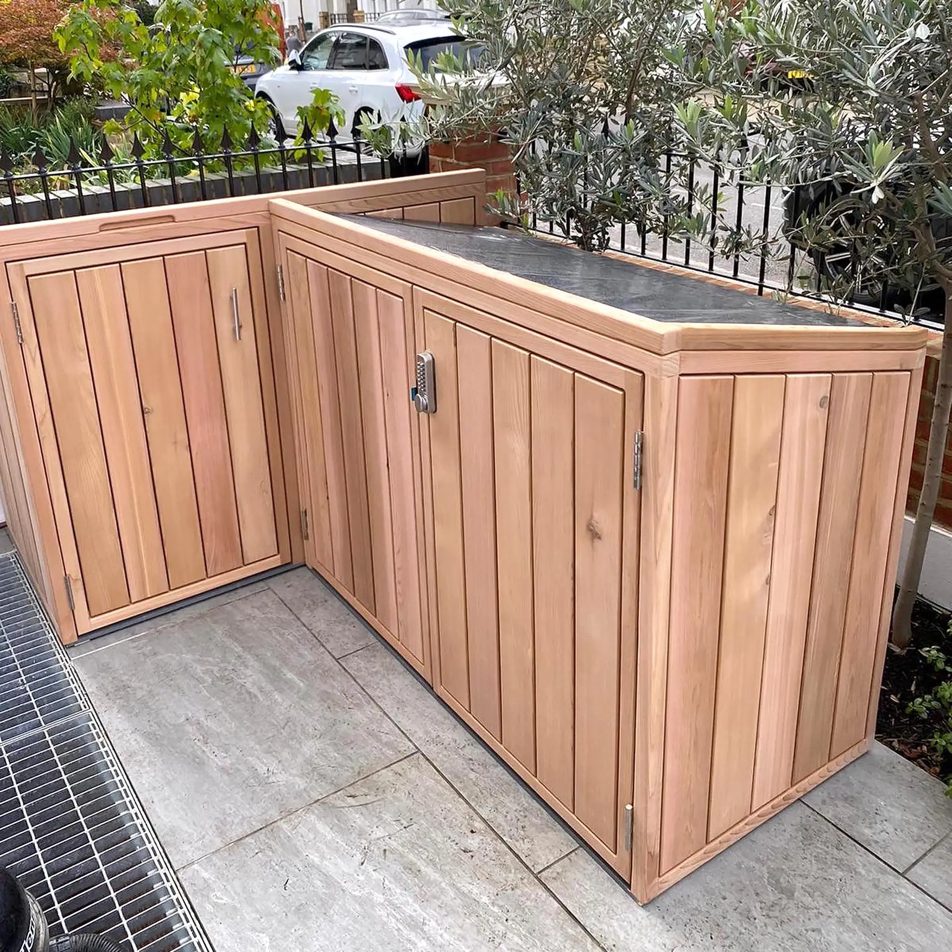 EMH Joinery custom cedar bin store with electronic lock pad
